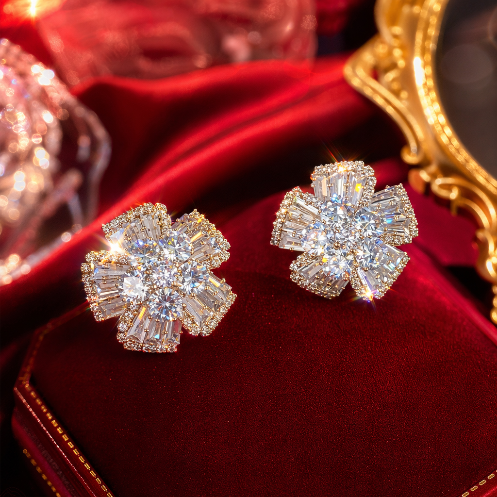 Golden diamond-encrusted flower ear studs, fashionable and light luxury lady earrings, ear stud accessories, diamond ball ear studs, ear stud gun piercing, bio-ceramic ear sticks Specification image