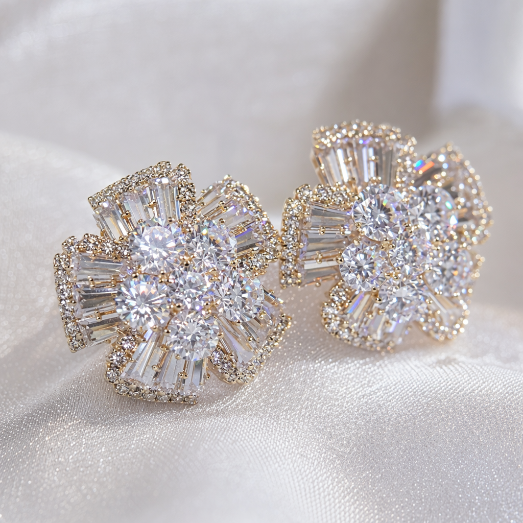 Golden diamond-encrusted flower ear studs, fashionable and light luxury lady earrings, ear stud accessories, diamond ball ear studs, ear stud gun piercing, bio-ceramic ear sticks Application Scenario