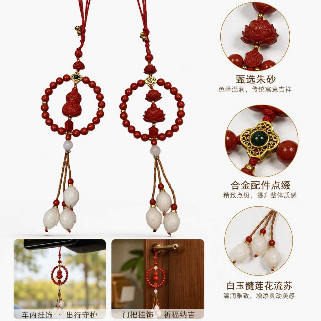 朱砂车挂。红色珠串挂饰 时尚家居装饰品 手工编织车用后视镜挂件