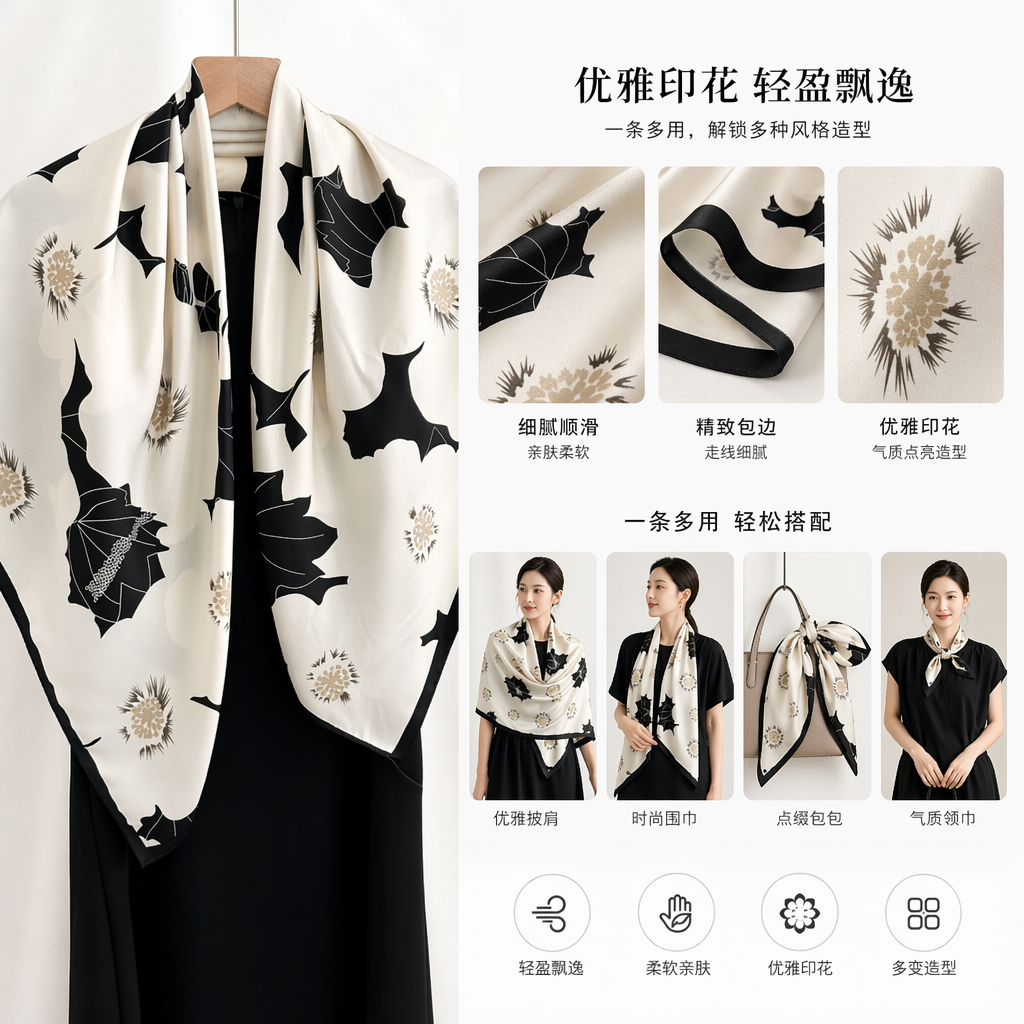黑白花卉图案真丝丝巾轻盈透气四季通用