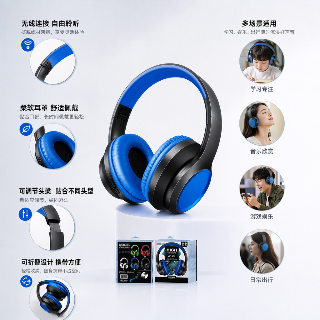 蓝色蓝牙耳机入耳式高清音质降噪运动无线耳机
