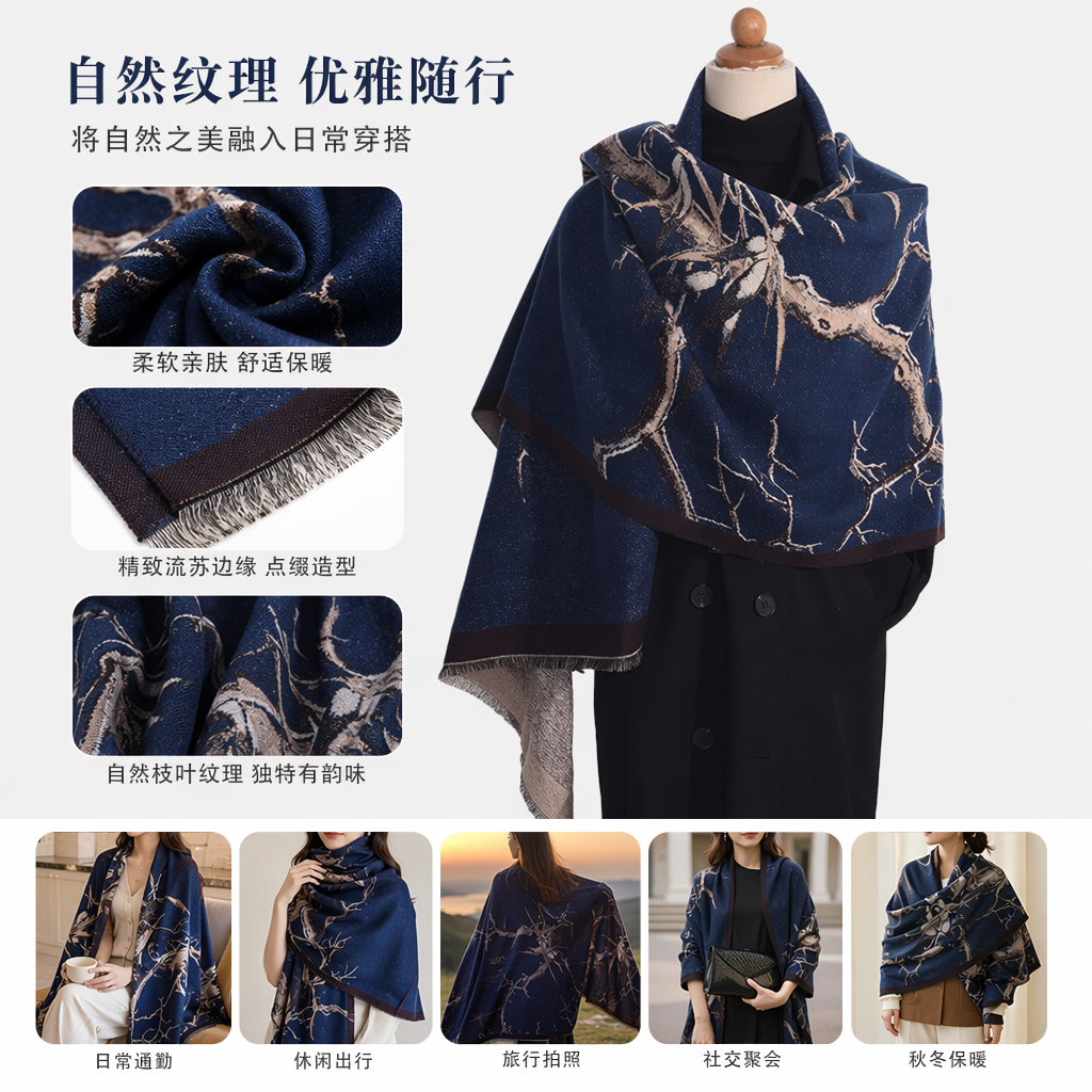 深蓝色树枝图案纯棉围巾秋冬保暖时尚百搭