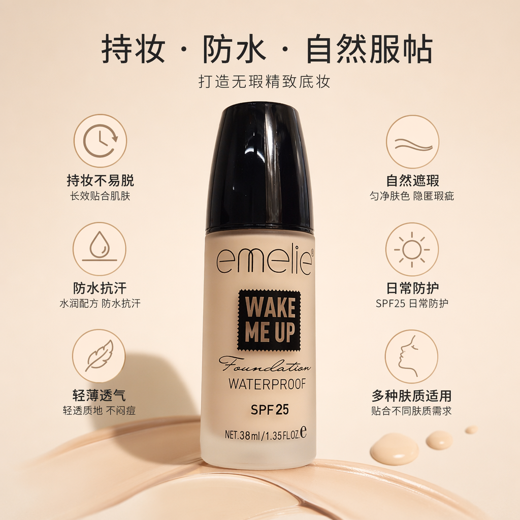 emelie米色瓶身黑色瓶盖粉底液轻薄持妆遮瑕保湿