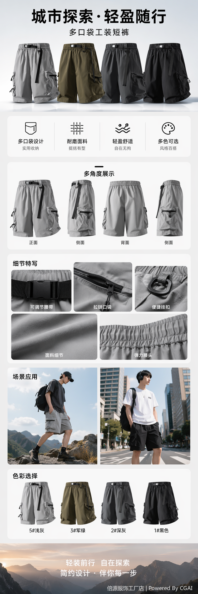 四款工装短裤浅灰军绿深灰黑色抽绳腰头侧袋设计详情1