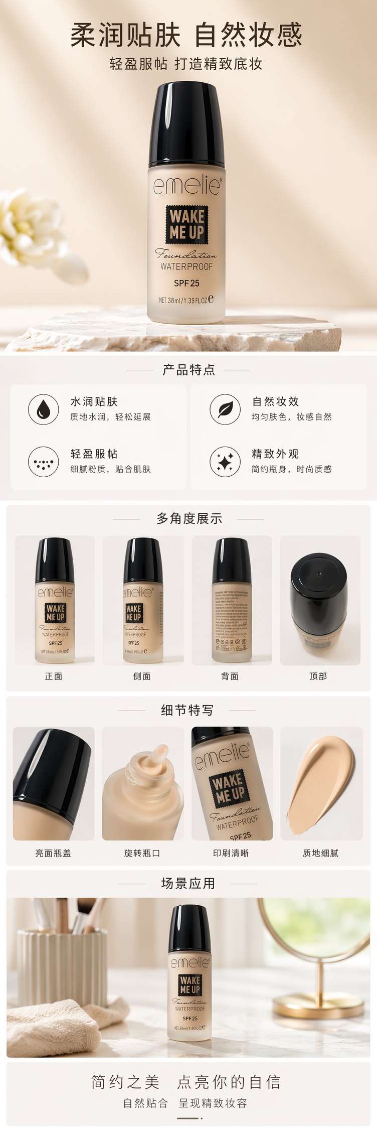 emelie米色瓶身黑色瓶盖粉底液 轻薄持妆遮瑕保湿详情1