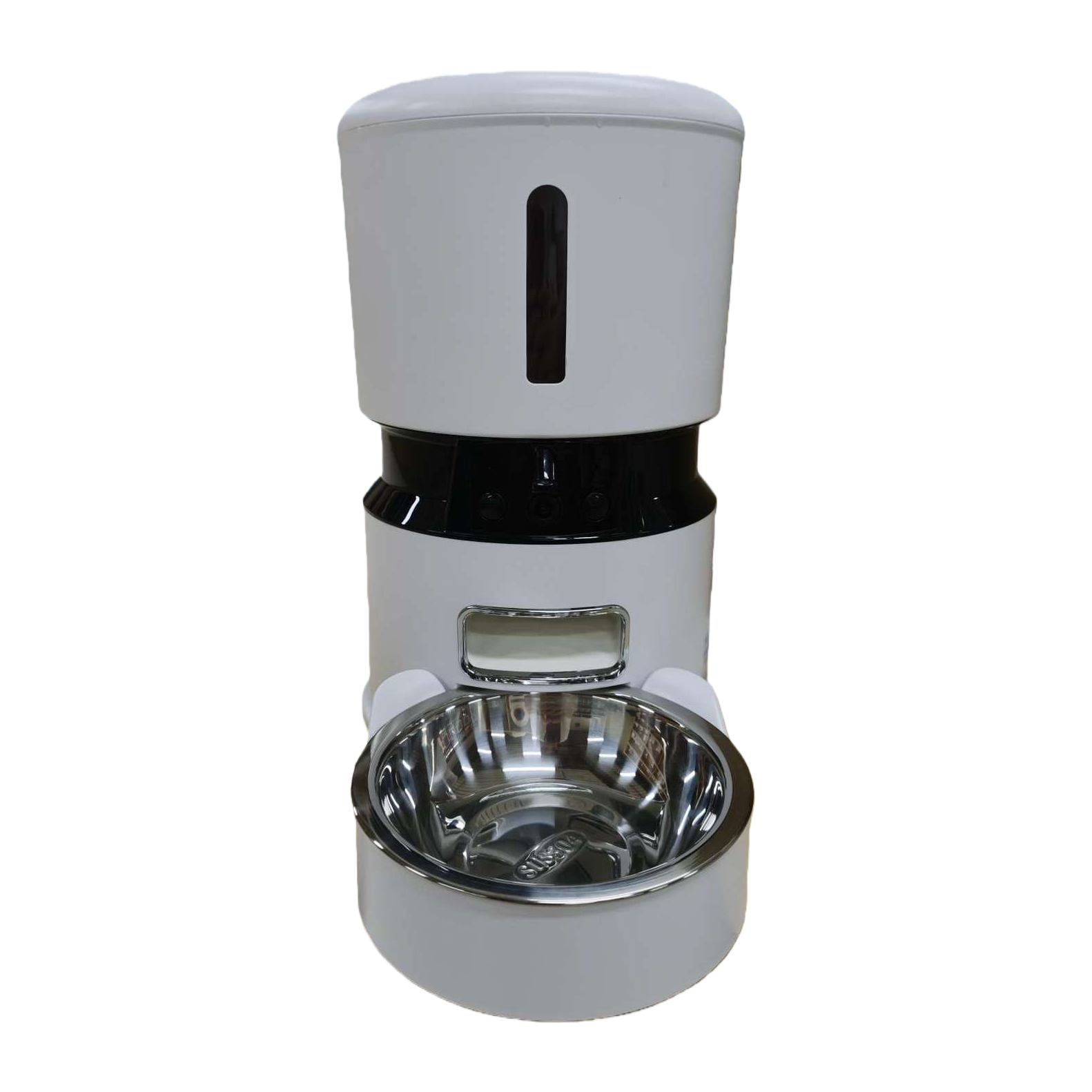 A white automatic feeder with a black base and a stainless steel hanging food bowl Item Picture