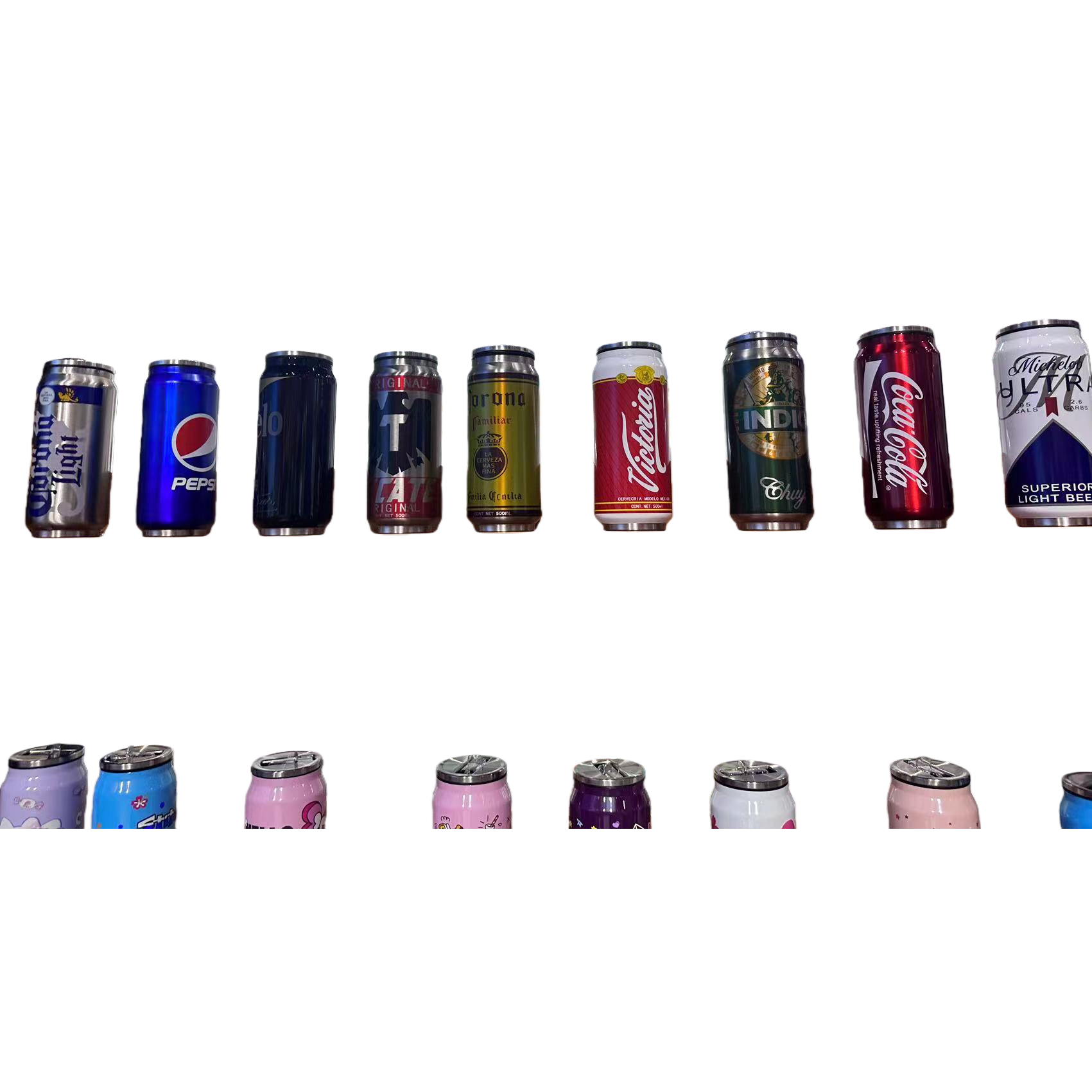 A variety of brand beverage can-shaped metal insulated cups are displayed on wooden shelves at the exhibition stand Item Picture