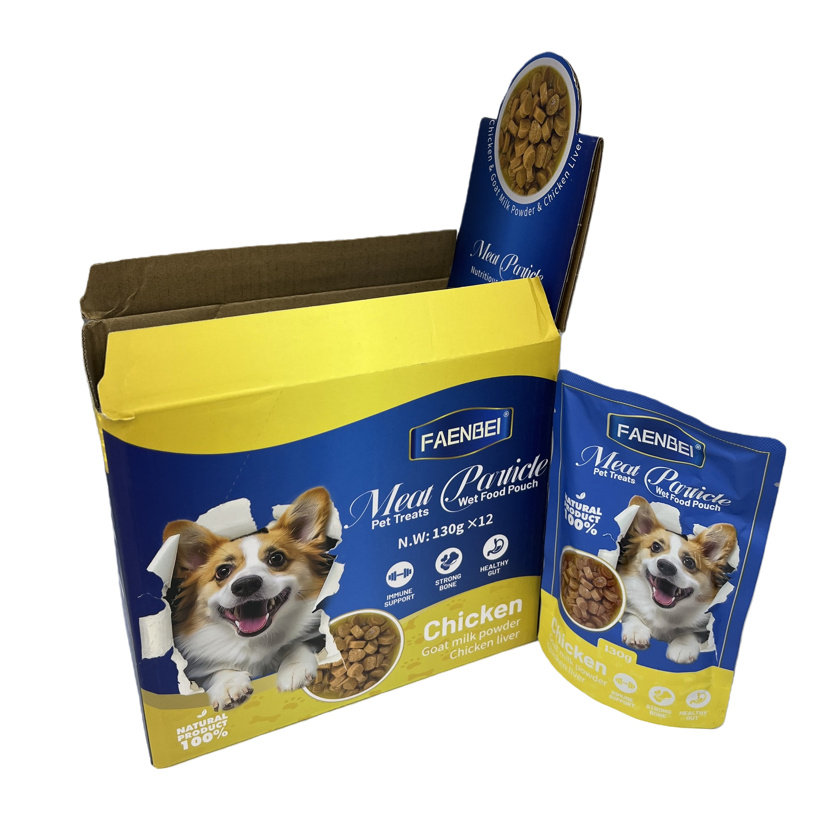 FAENBEI chicken-flavored pet Wet Food pouch, Corgi pattern, blue and yellow packaging carton, Meat Particle Item Picture