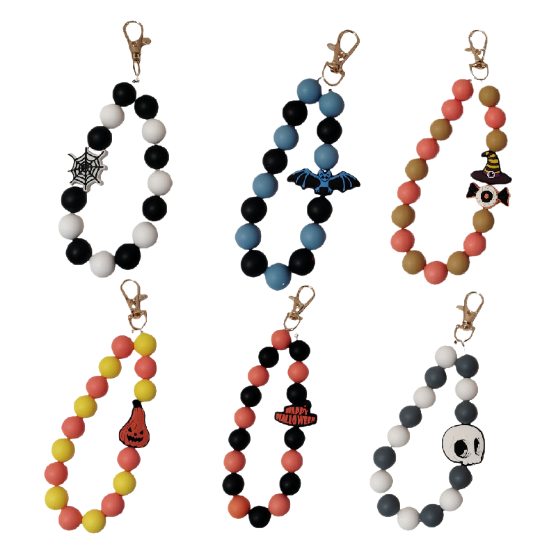 Halloween-themed colorful silicone bead pendants, spider web, bat, witch hat, pumpkin lantern, skull keychain bracelet Item Picture