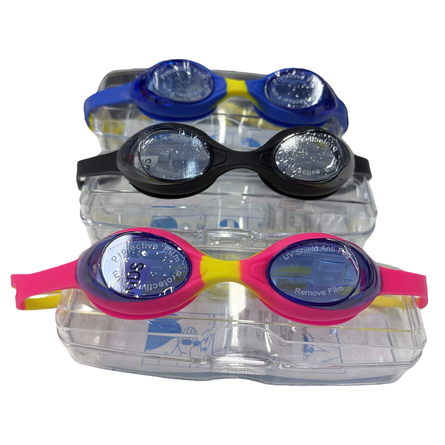 Three pairs of colored swimming goggles in blue, yellow, black, pink and yellow, with protective film and transparent storage box Item Picture