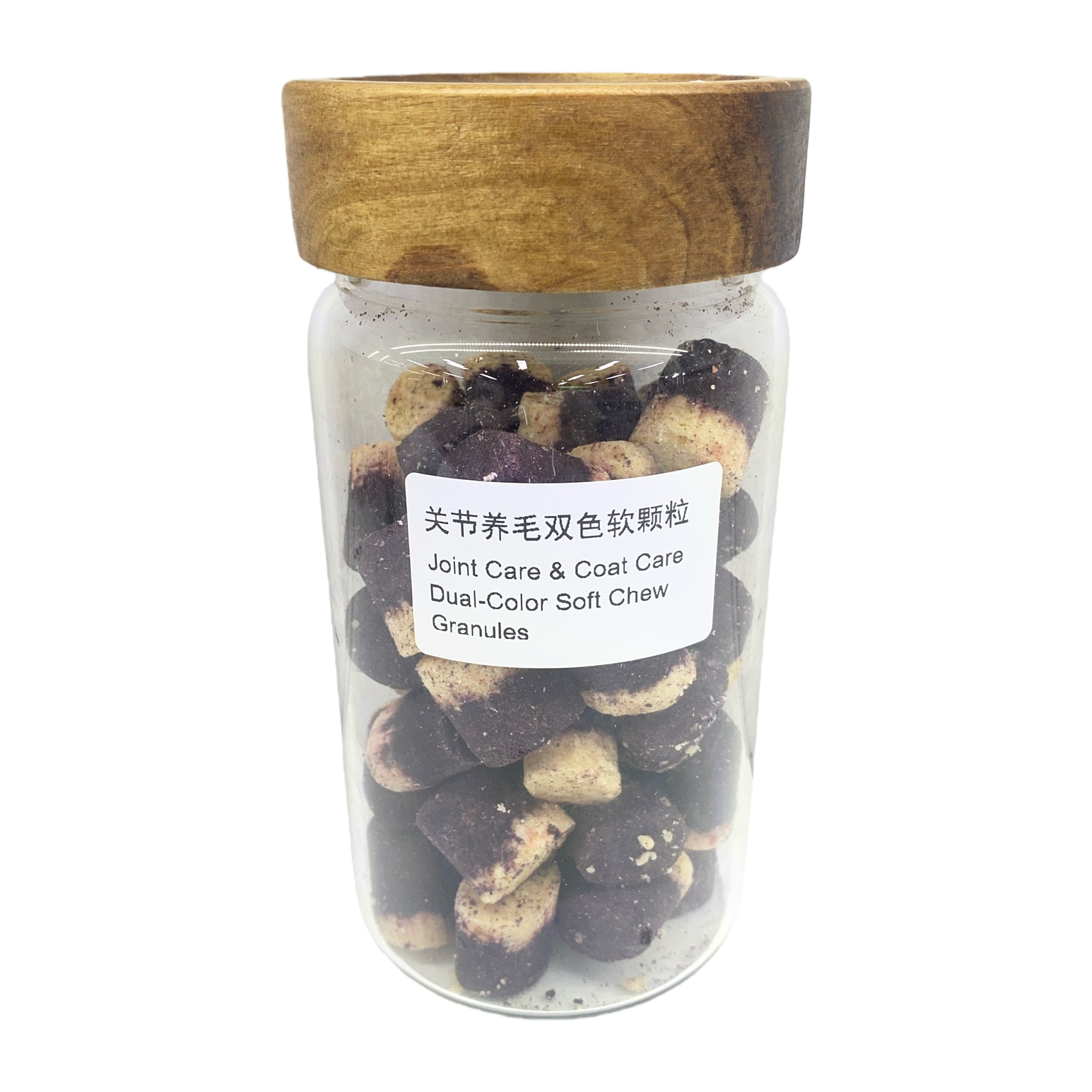 Transparent glass jar with wooden lid, joint hair care two-color soft granules Item Picture