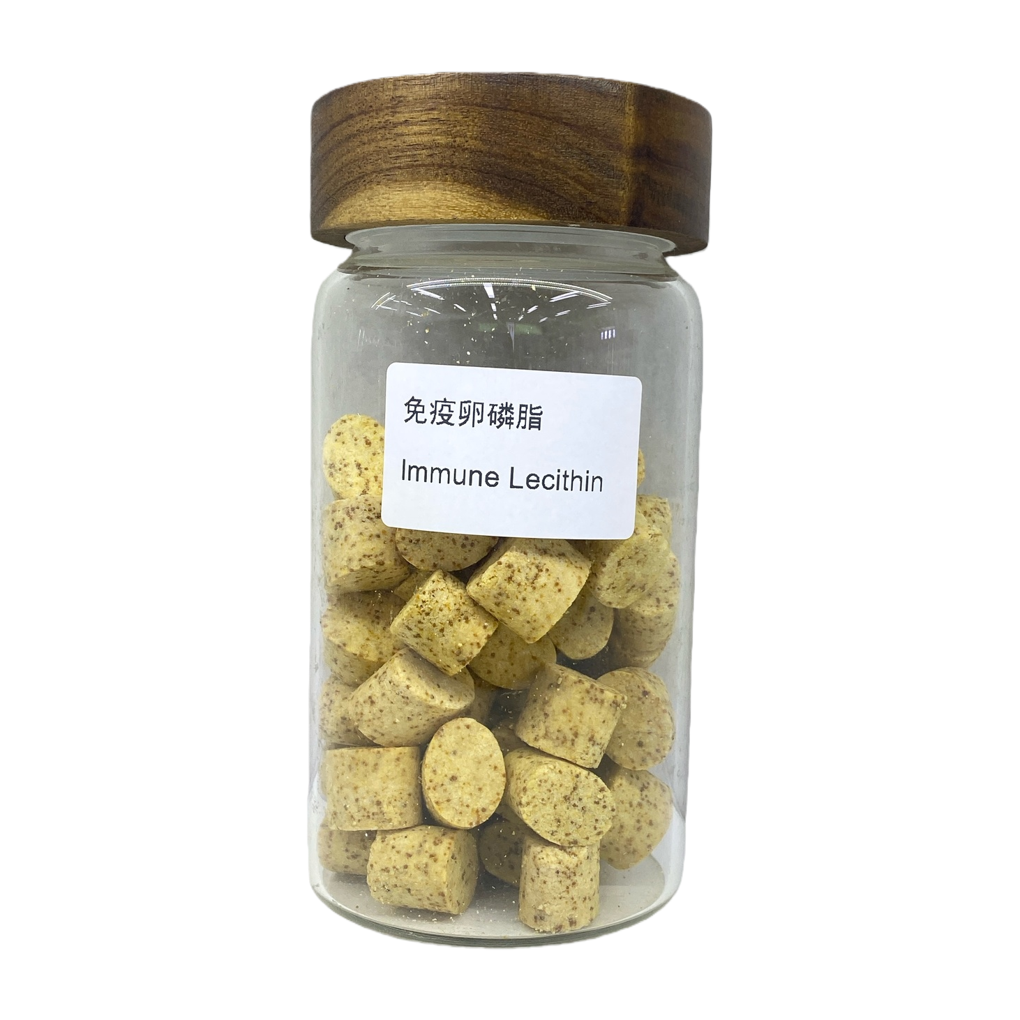 Immune lecithin, transparent glass jar, wooden lid, small yellow granular squares Item Picture