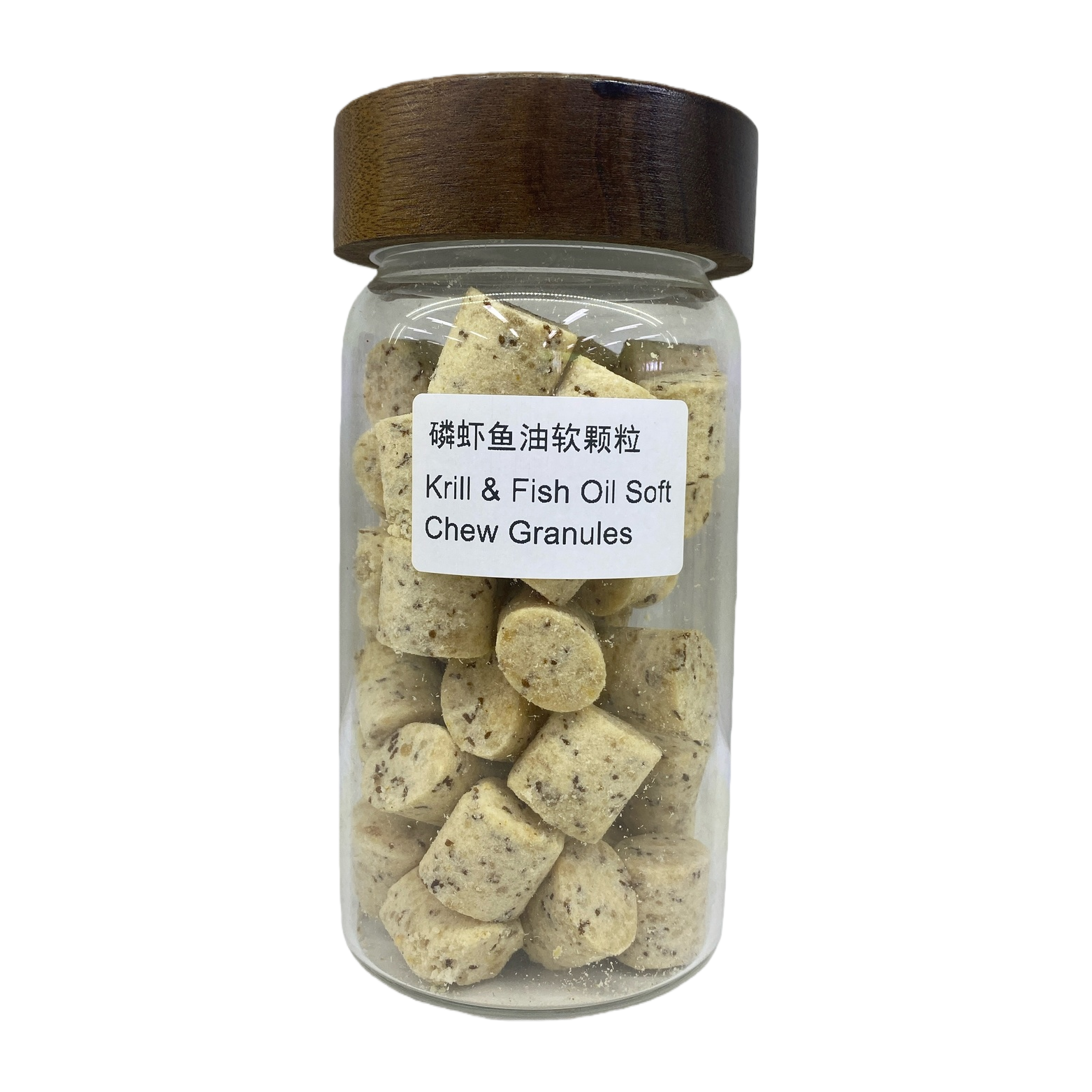 Transparent glass jar of krill fish oil soft granules with wooden lid Item Picture