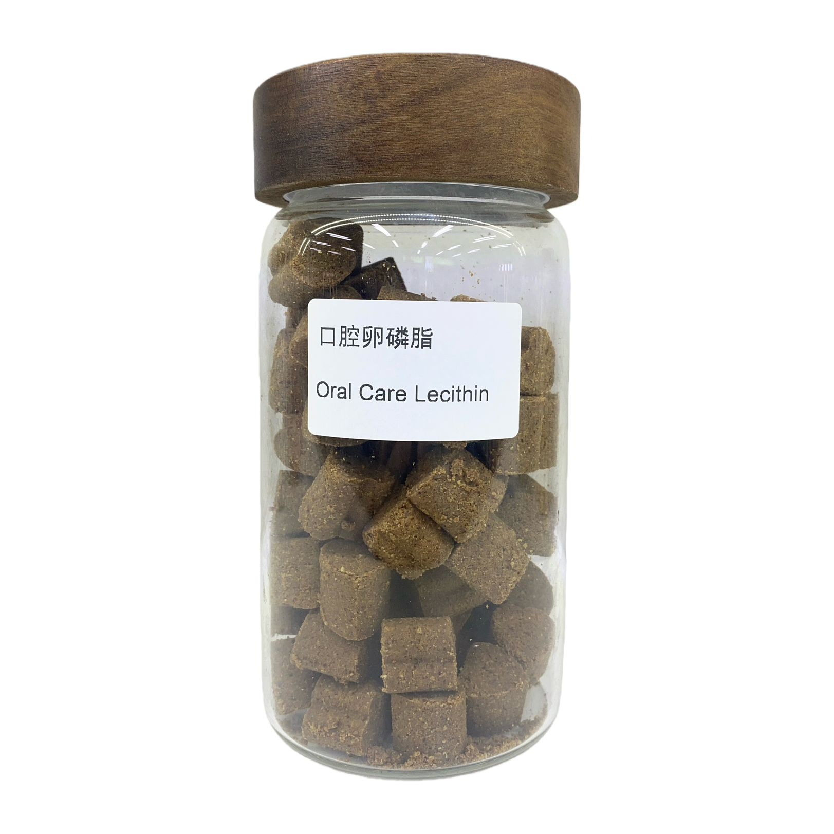Transparent glass can, brown wooden cap, Oral Care Lecithin, brown cubic granules Item Picture