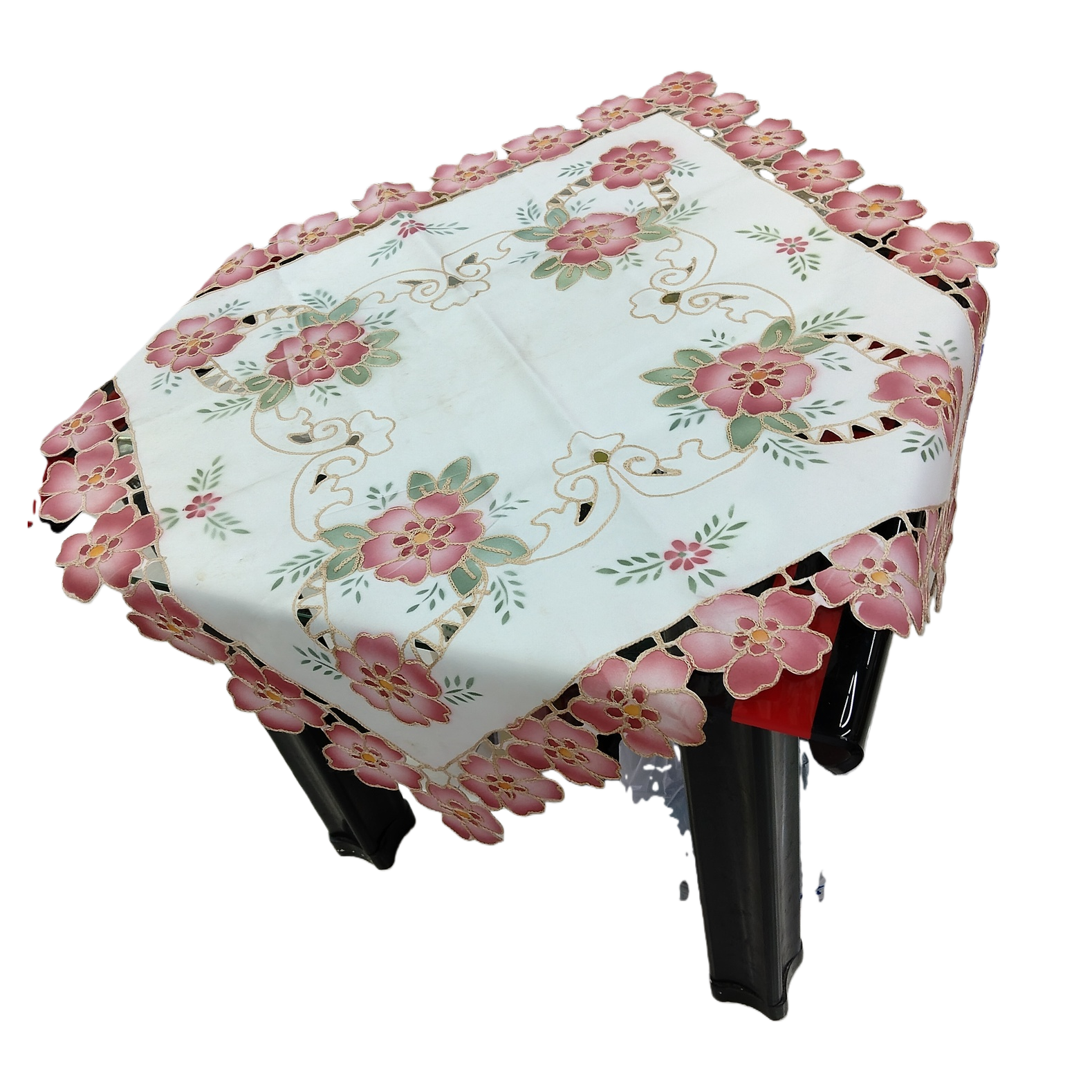 White background with pink flower embroidery tablecloth, Nordic-style tablecloth for home decoration Item Picture