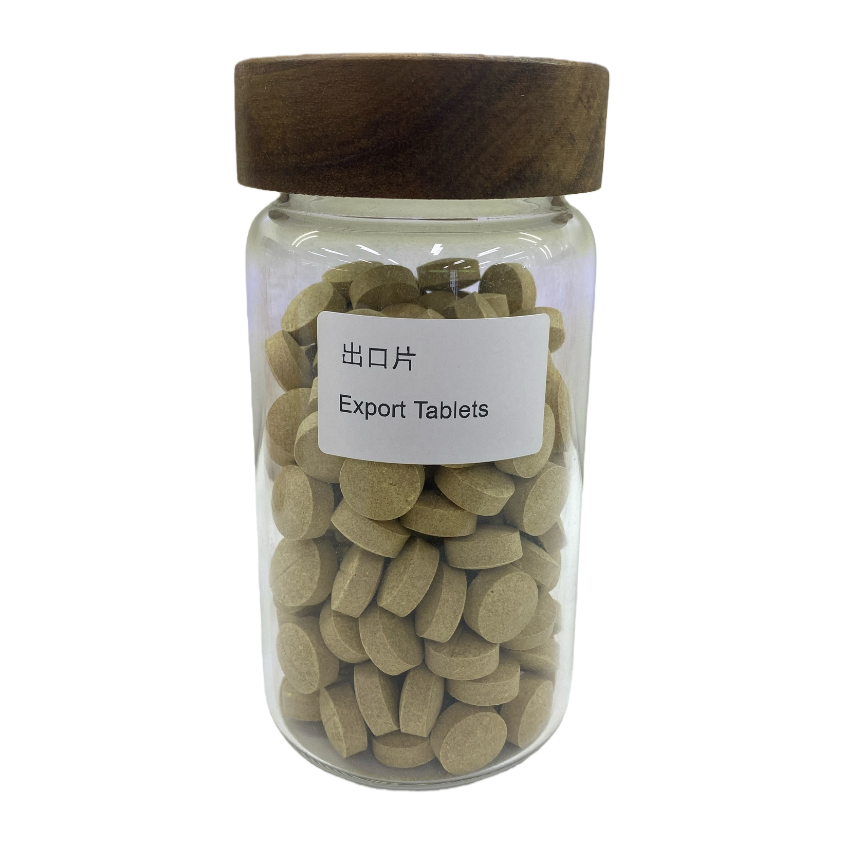 A transparent glass jar with a wooden lid and a light brown tablet storage container Item Picture