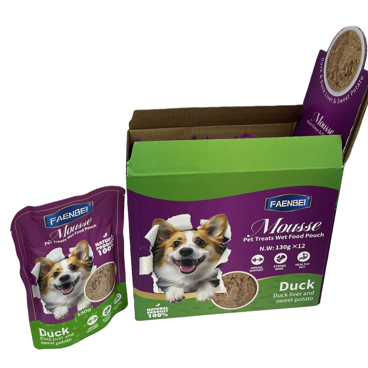 FAENBEI duck meat sweet potato mousse pet wet food comes in a purple and green packaging box bag with a Corgi pattern Item Picture