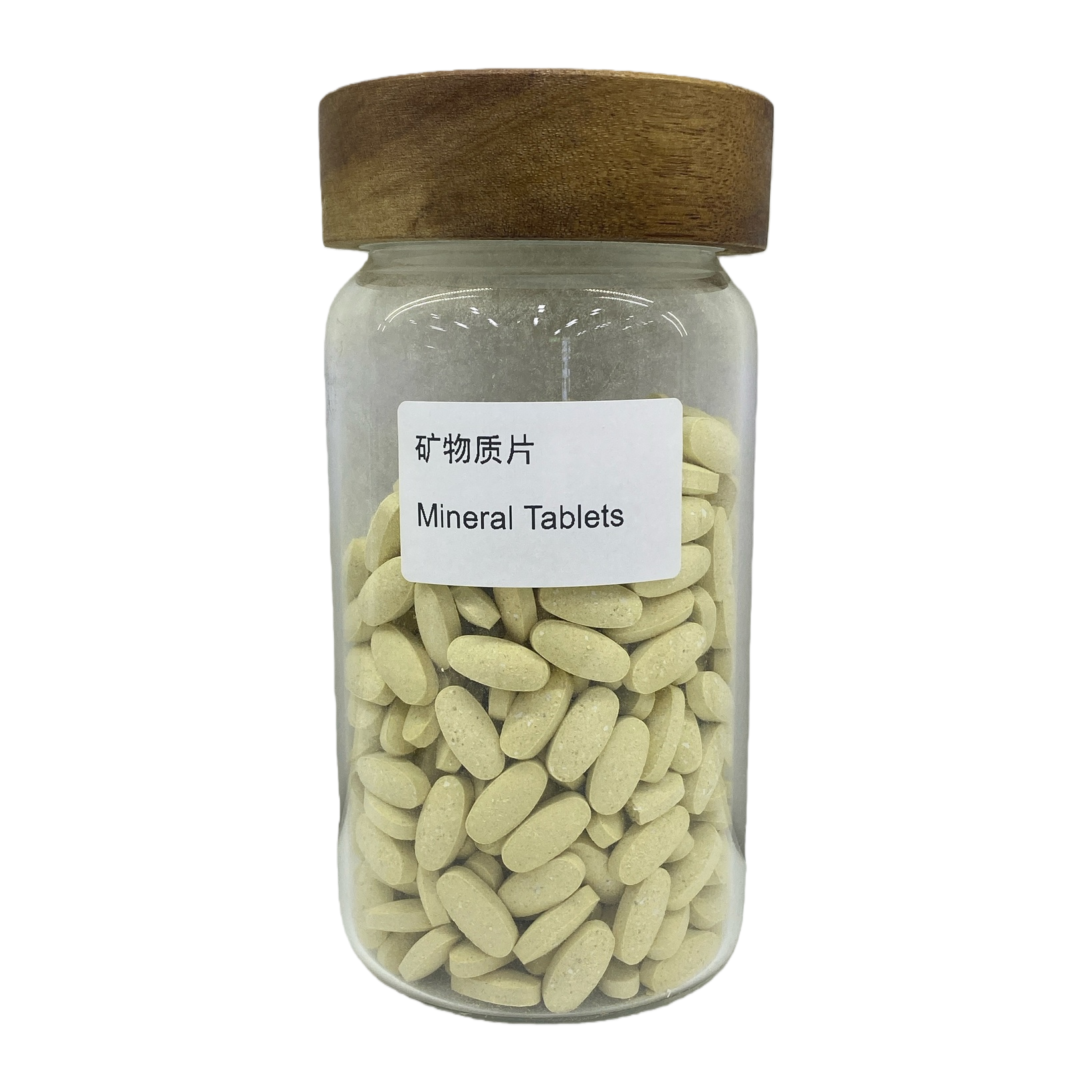 A transparent glass jar with a wooden lid, featuring light yellow oval-shaped mineral tablets Item Picture