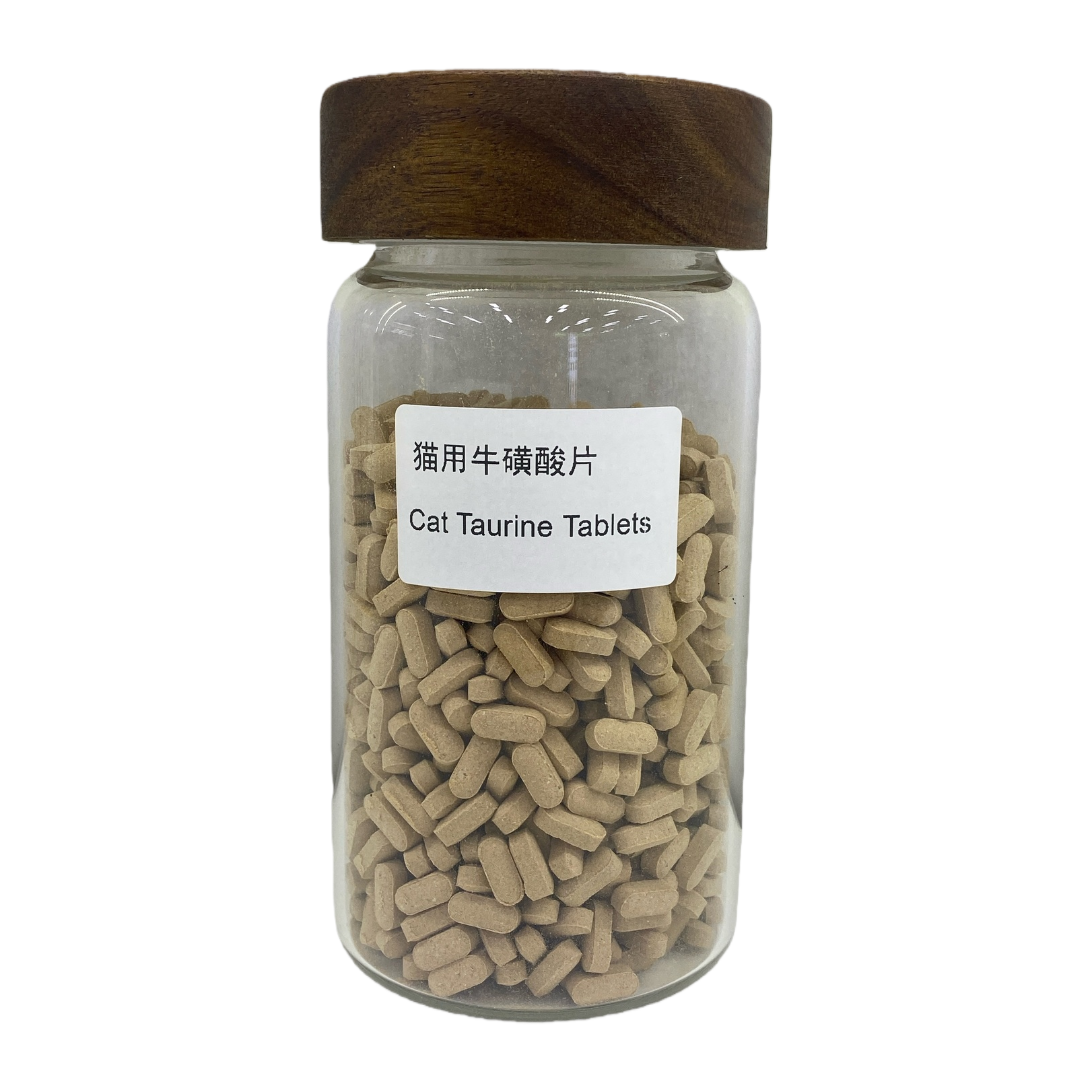 Transparent glass bottle with wooden cap, taurine tablets for cats, pet nutritional supplement Item Picture