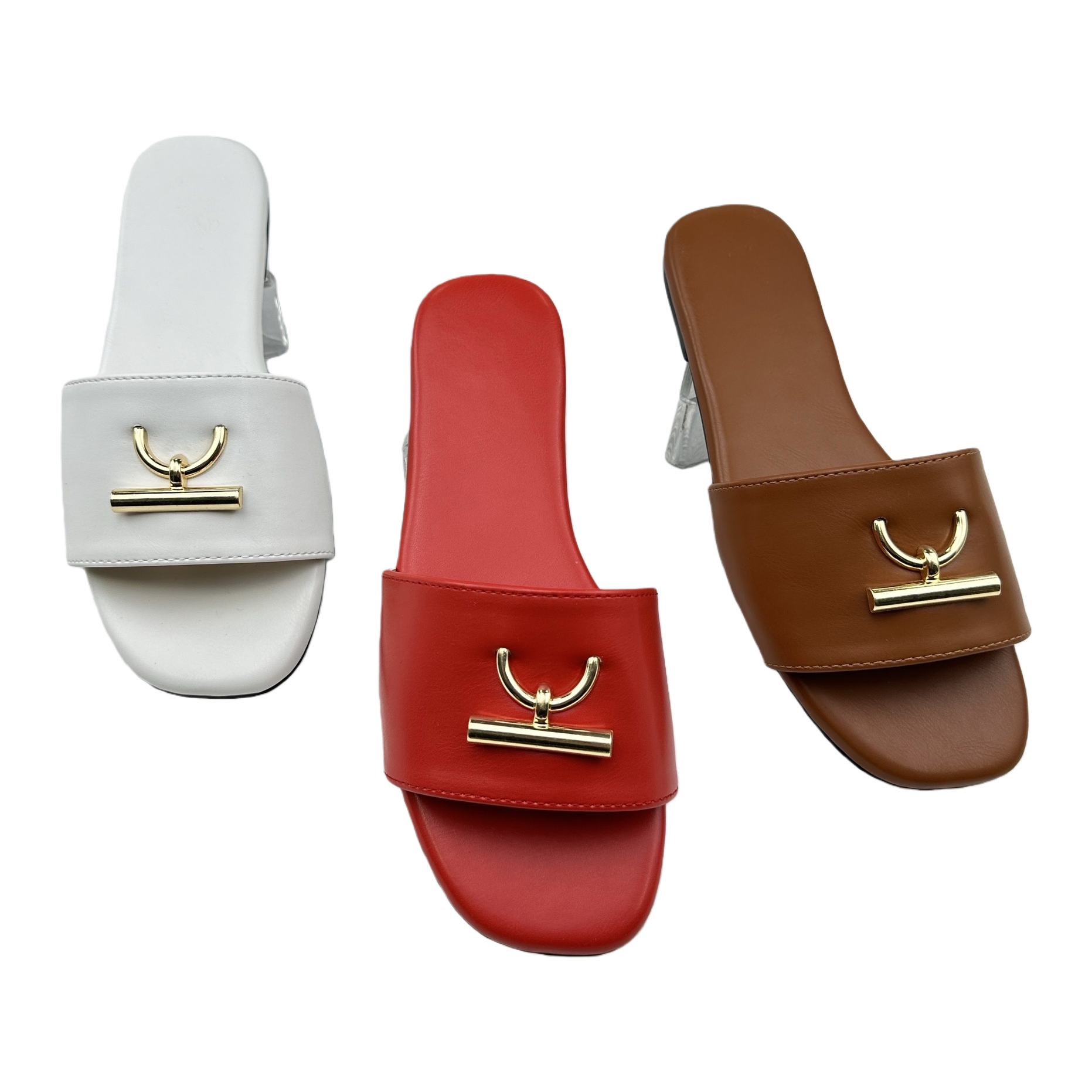 Three pairs of white, red and brown flip-flops with golden metal buckles Item Picture