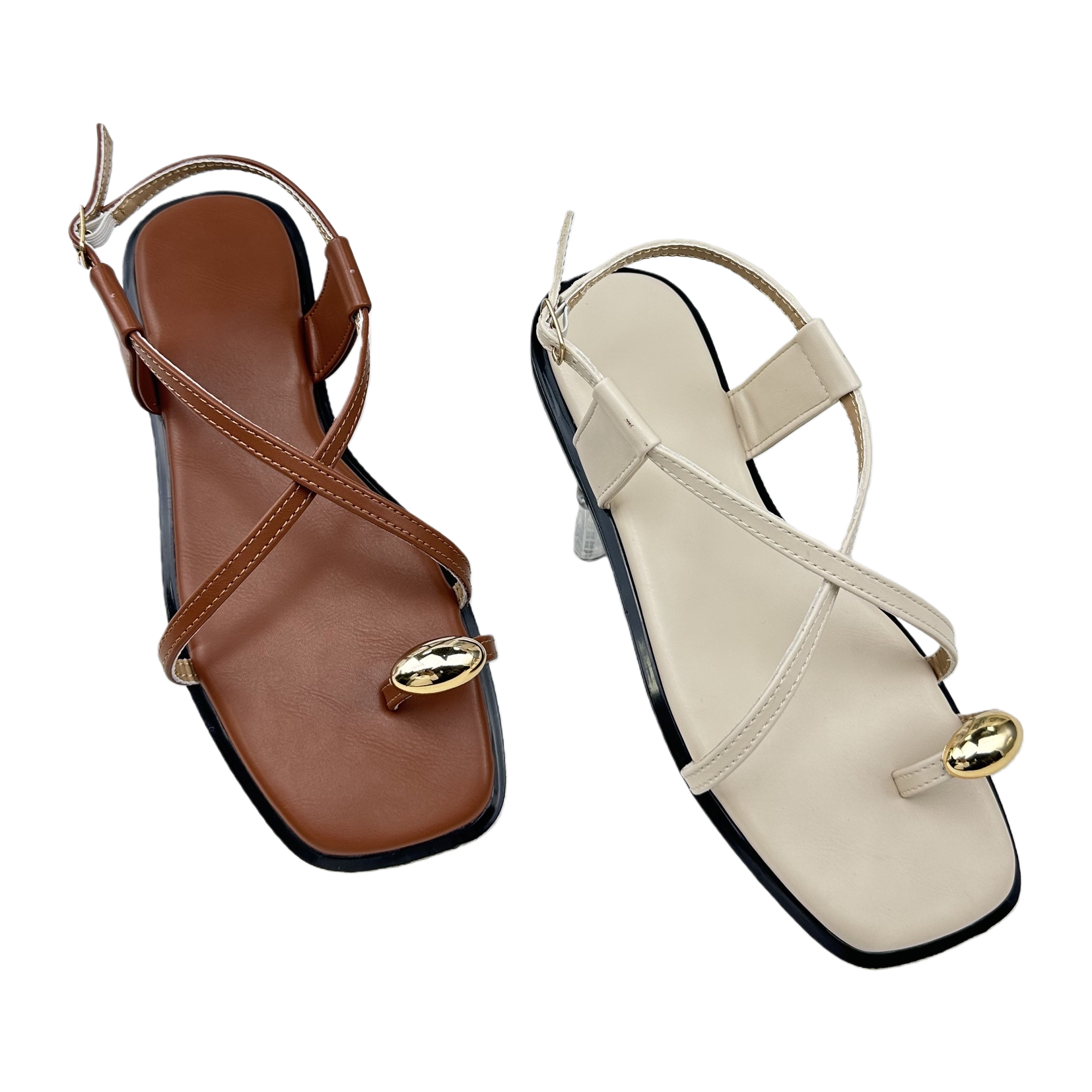 Brown and off-white cross-strap sandals with golden oval decorative buckles Item Picture