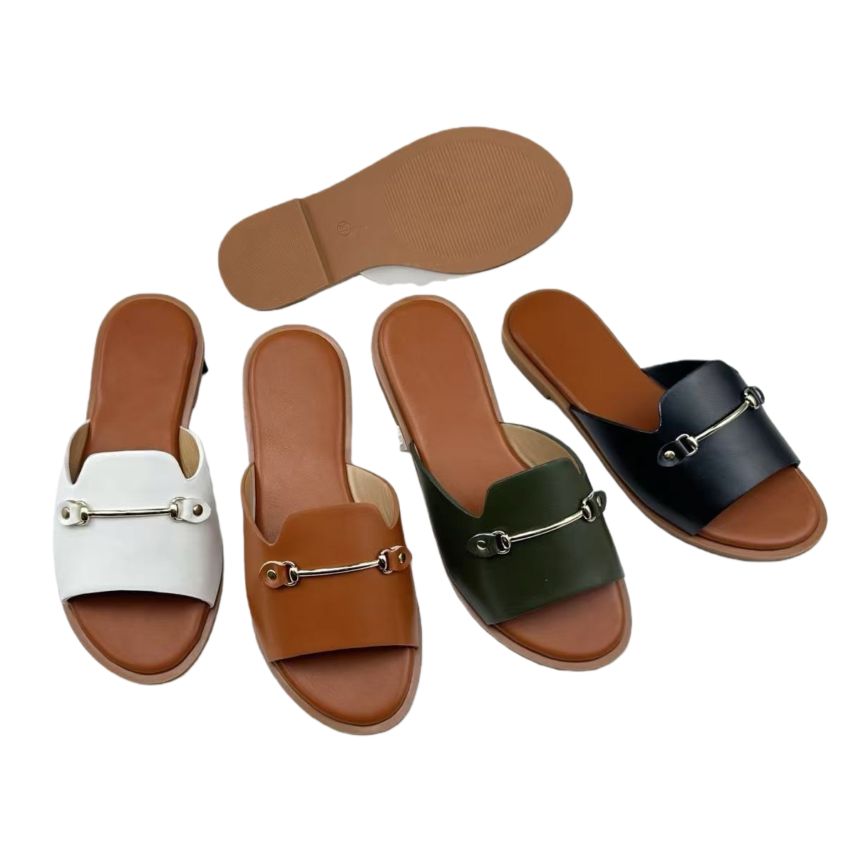 Metal horsebit buckle decorated white, brown, green and black flat open-toe slippers Item Picture