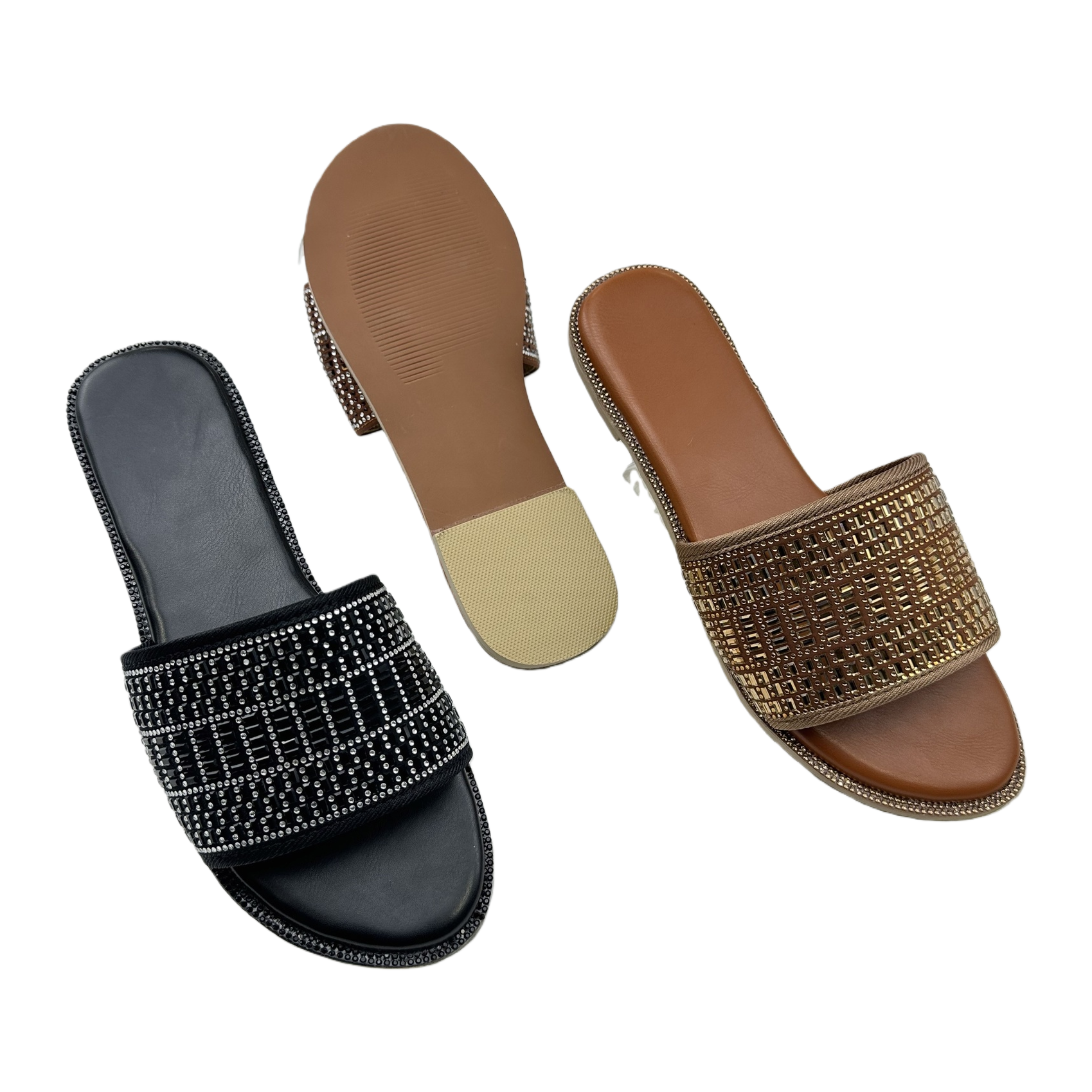 Black diamond-encrusted flip-flops, brown diamond-encrusted flip-flops, one-piece formed anti-slip flip-flop soles Item Picture