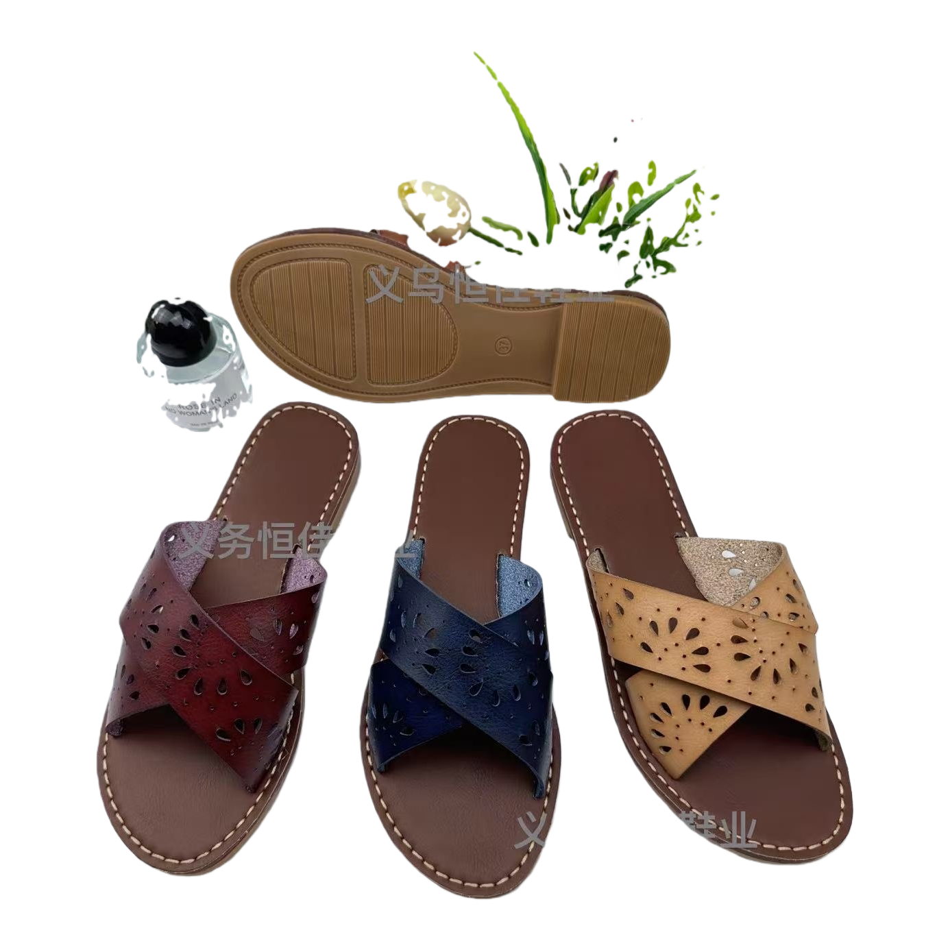 Three pairs of colorful hollowed-out cross-strap flip-flops with brown soles, off-white stitching, wine red and dark blue khaki perfume bottles, and green plant decorations Item Picture