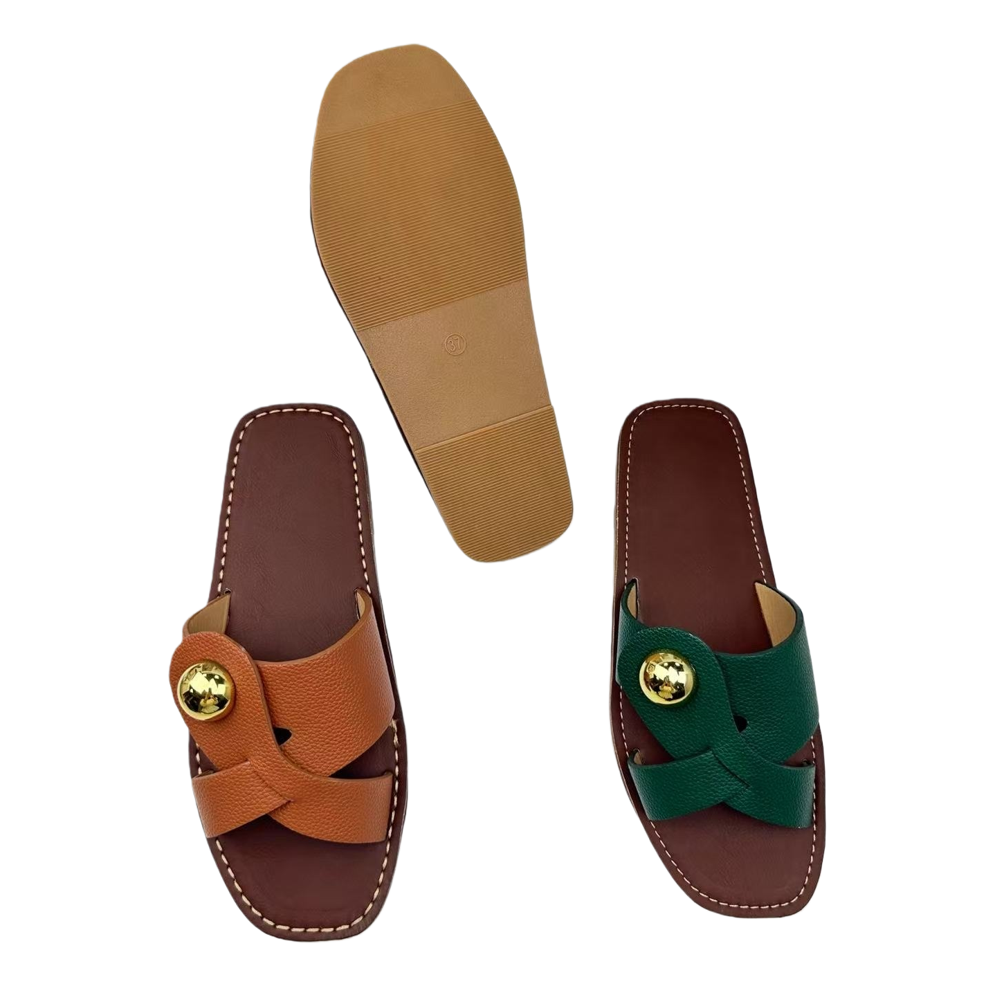 Brown and green leather flip-flops decorated with golden round buttons Item Picture