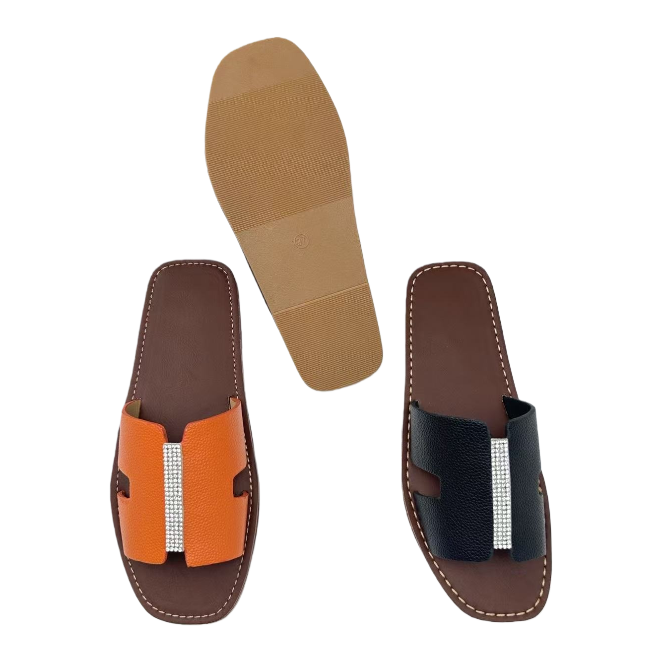 Orange and black diamond-encrusted flip-flops for women, summer anti-slip, comfortable and casual beach shoes Item Picture