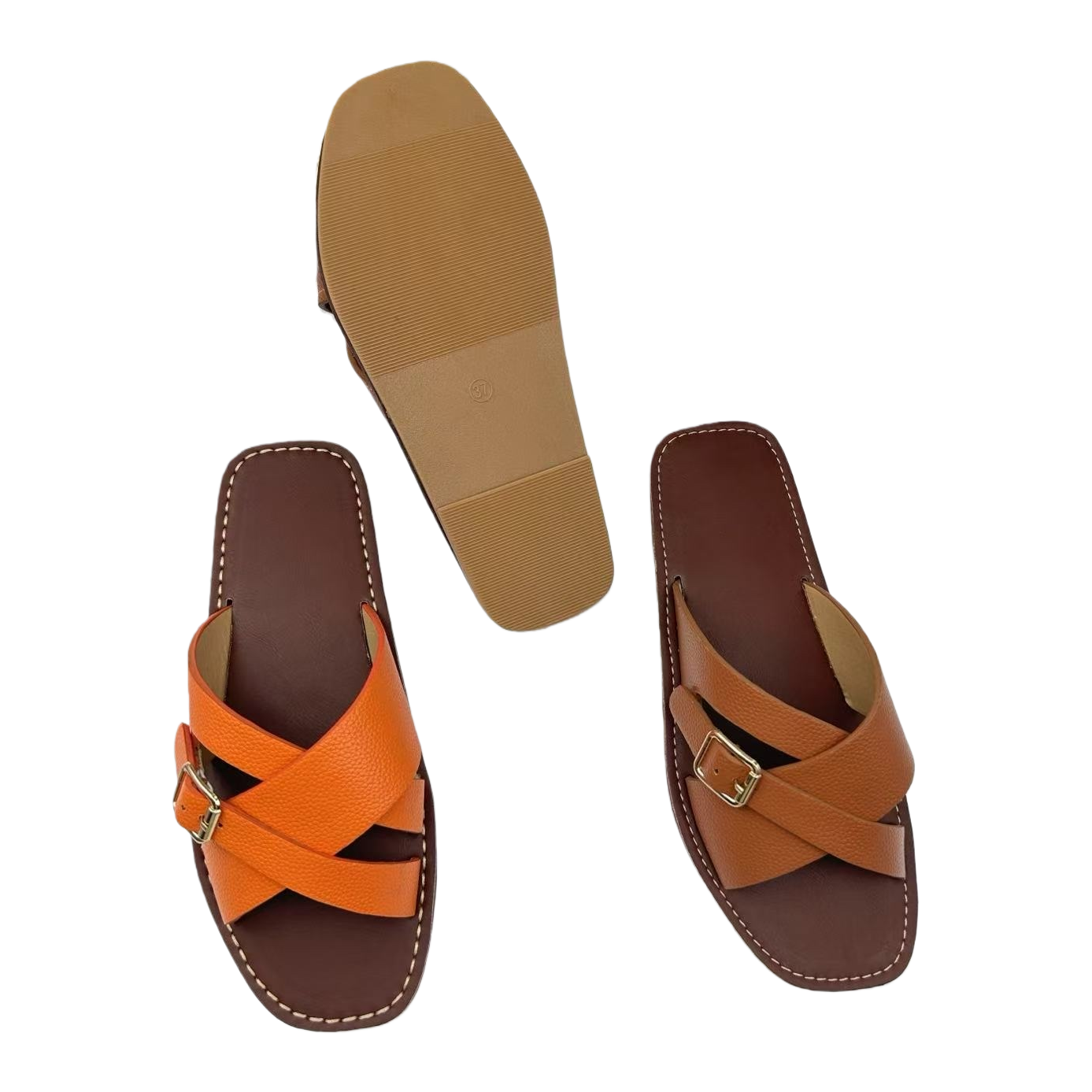 Brown and orange cross-strap sandals with golden buckles and white stitching Item Picture