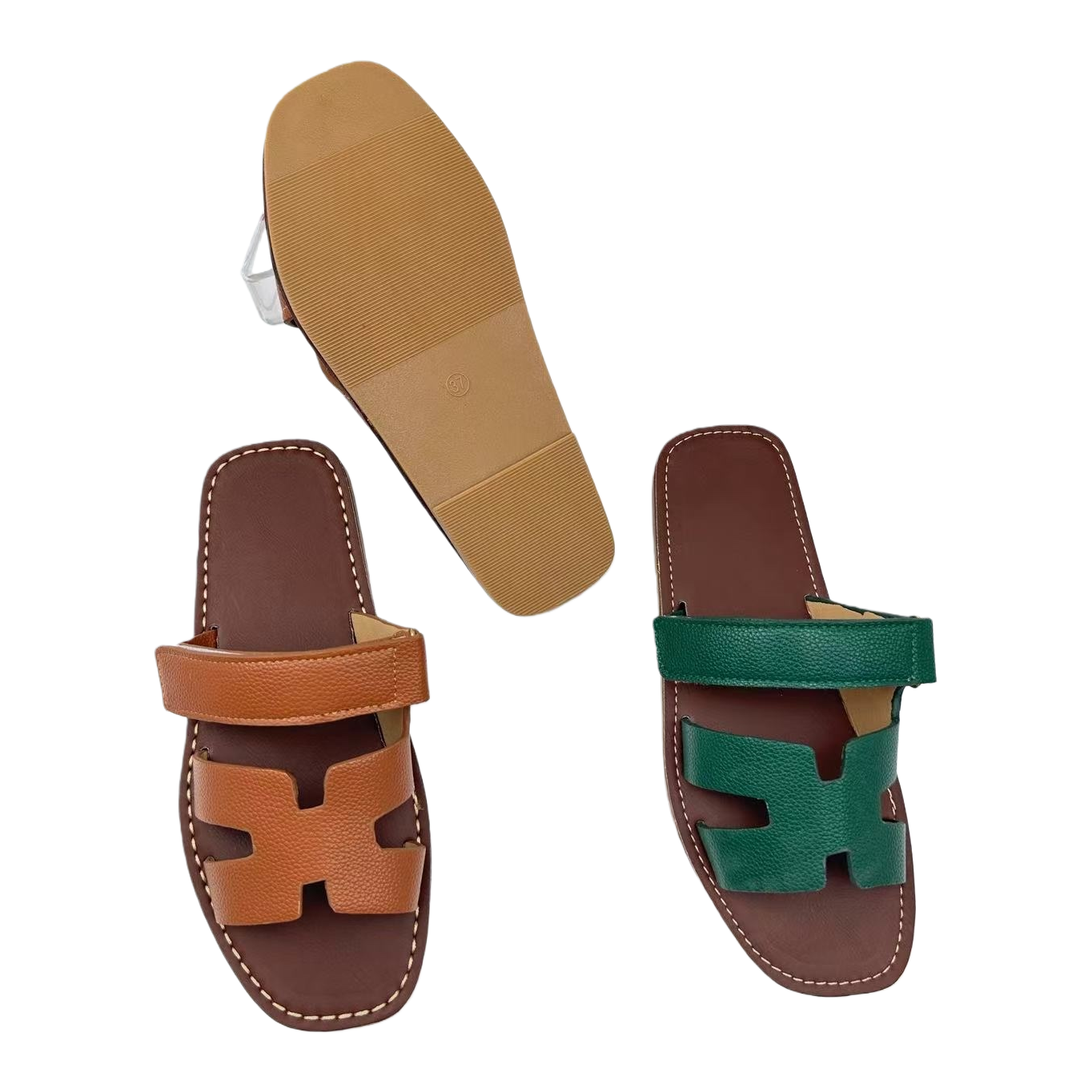 Brown and green double-strap sandals with soles showcase fashionable and versatile summer women's shoes Item Picture