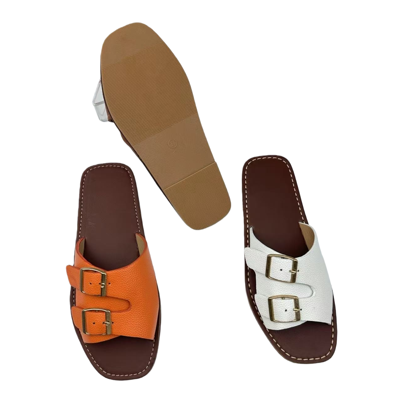 Orange double-button flip-flops, white double-button flip-flops, brown sole casual flip-flops Item Picture