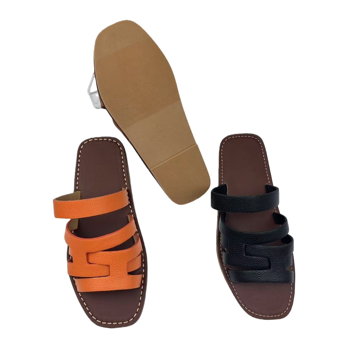 Orange and black double-strap sandals with brown soles and white stitching, featuring a single tulip Item Picture