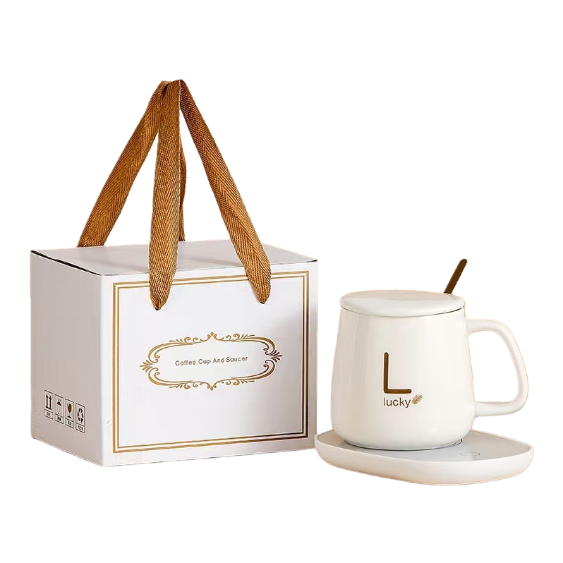 L lucky White ceramic heating cup with platinum gift box and brown handle Item Picture