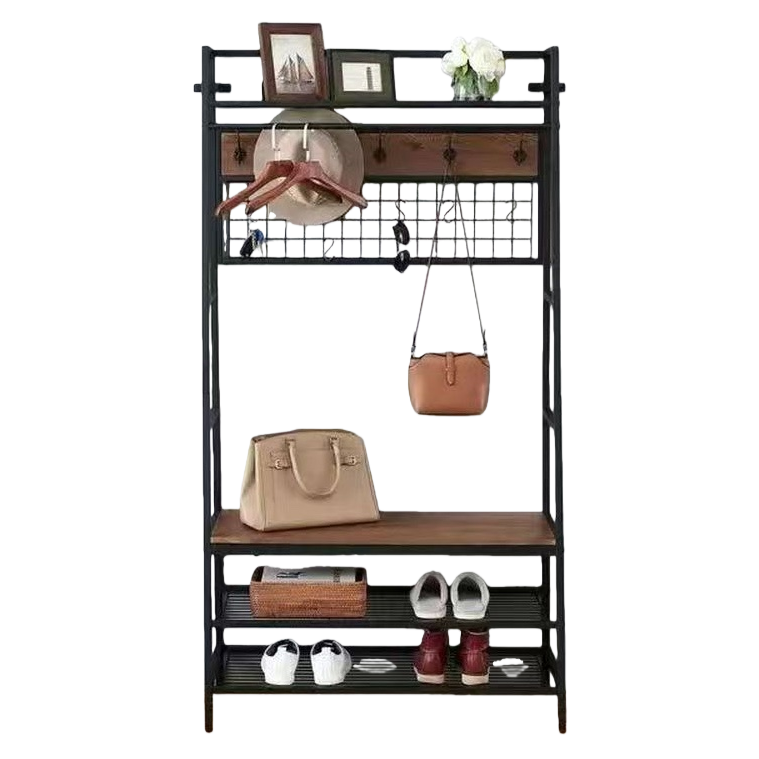 Black metal storage rack with wooden shelves, hooks, hats, hangers, keys, sunglasses, handbags and shoes for storage Item Picture