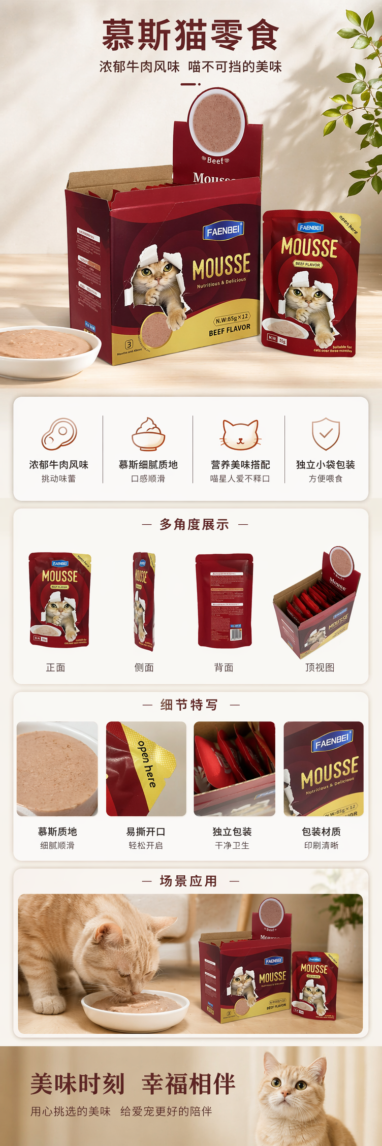 FAENBEI牛肉味慕斯猫粮红色包装盒及独立小袋85g猫咪撕纸图案open here pic 1