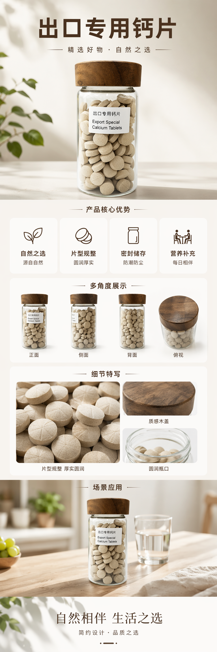 透明玻璃瓶木质瓶盖米色钙片补钙营养品 pic 1