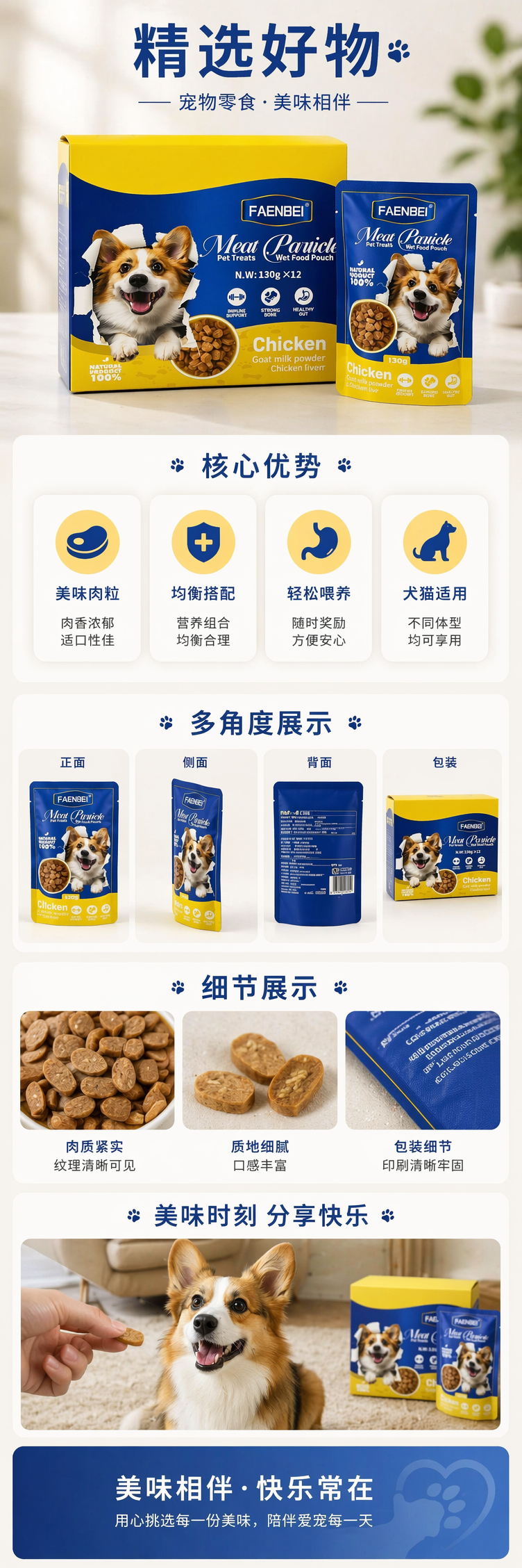 蓝色黄边柯基犬图案宠物零食包装盒含独立小袋印FAENBEI Meat Particle详情1
