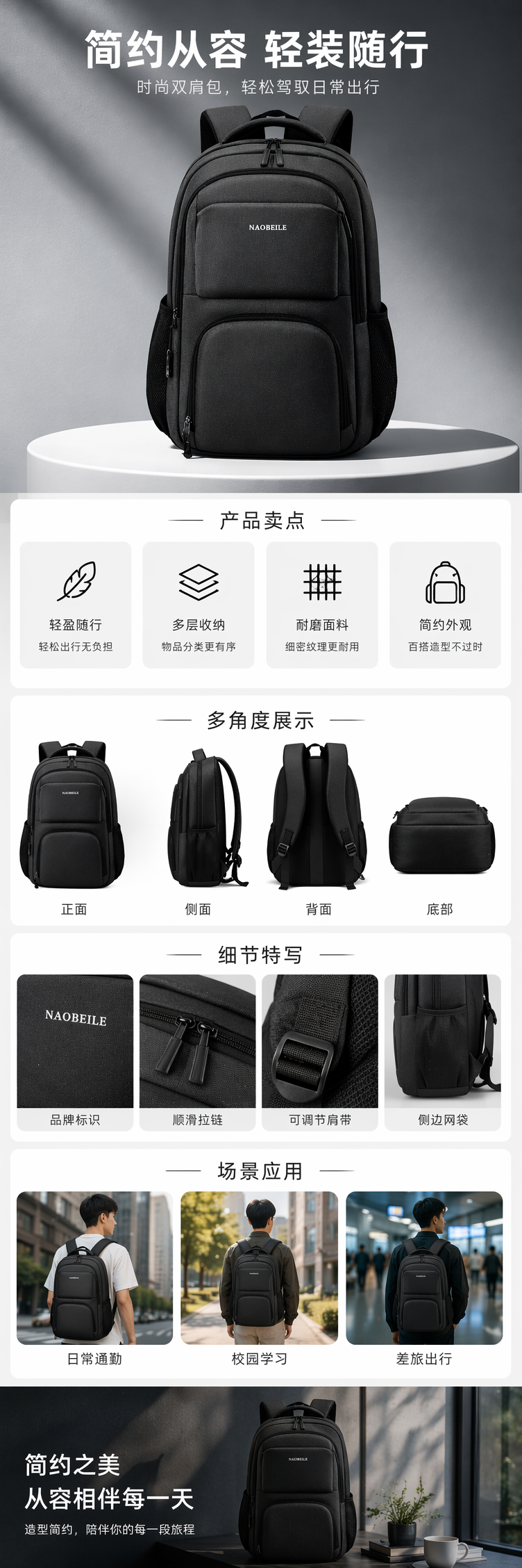 灰色耐磨尼龙双肩背包轻便大容量学生通勤旅行包详情1