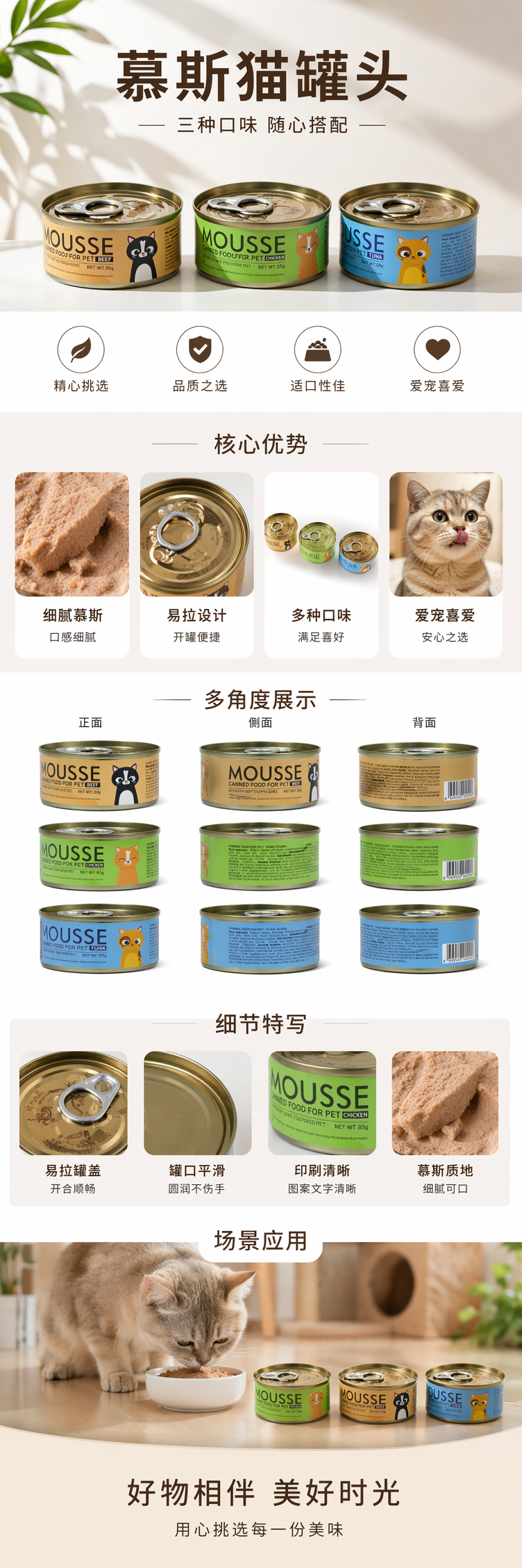 MOUSSE三罐装猫粮牛肉鸡肉金枪鱼味卡通猫咪图案 pic 1