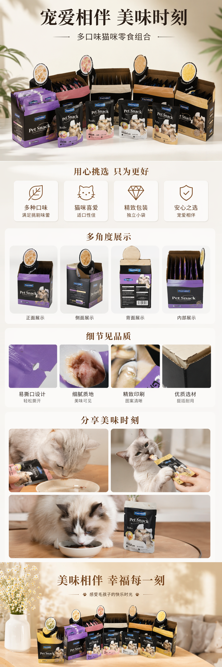 FAENBEI Pet Snack猫用湿粮零食多色包装盒含紫粉白黄口味独立小袋 pic 1