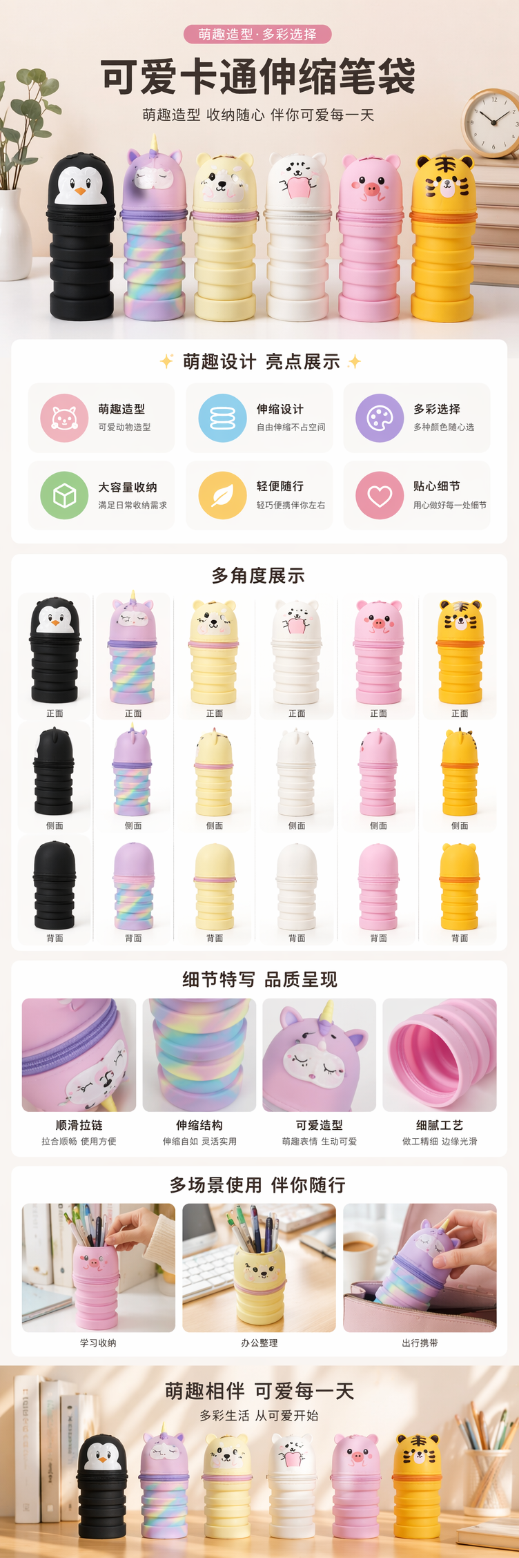 彩色卡通笔袋组合 多功能学生文具收纳袋详情1