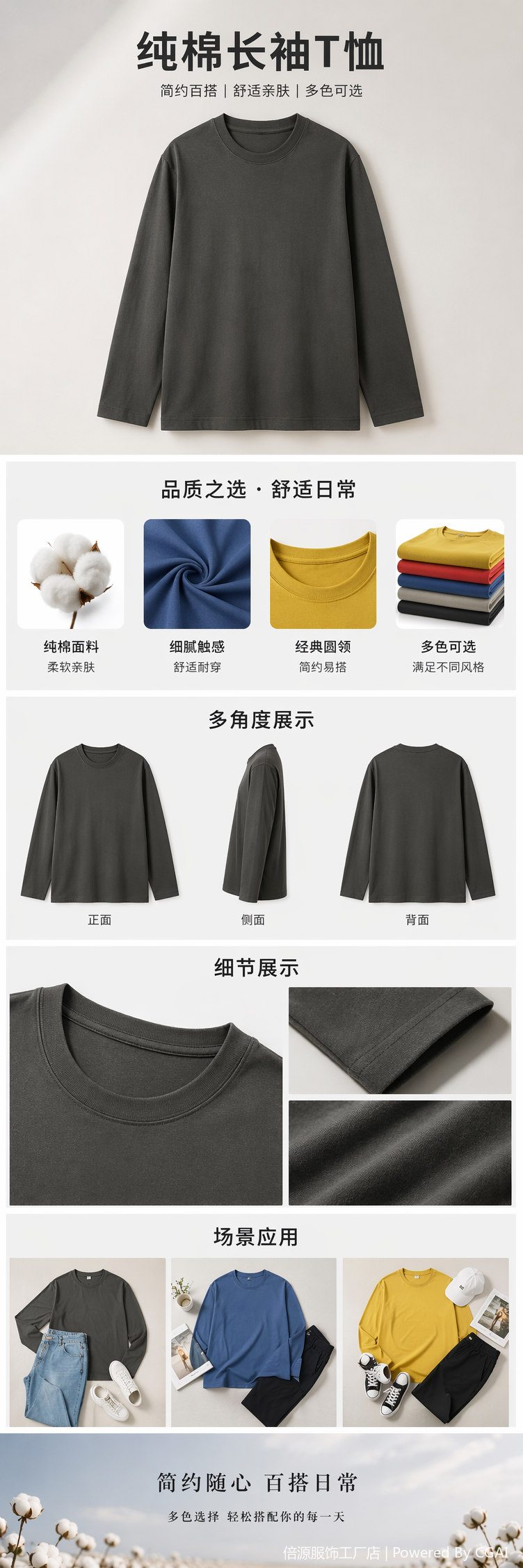 180g纯棉长袖T恤纯棉简约百搭基础款男女同款跨境爆款女装T恤详情1
