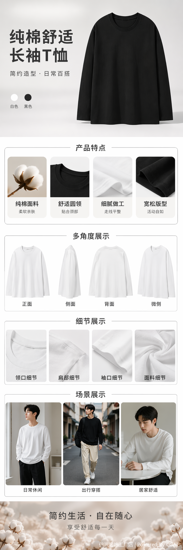 白色长袖黑色长袖纯棉基础款男女同款休闲上衣详情1