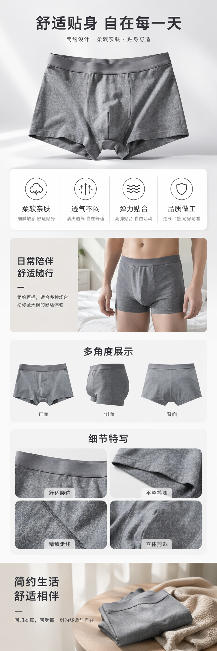 灰色纯棉男士内裤平角舒适透气基础款详情1
