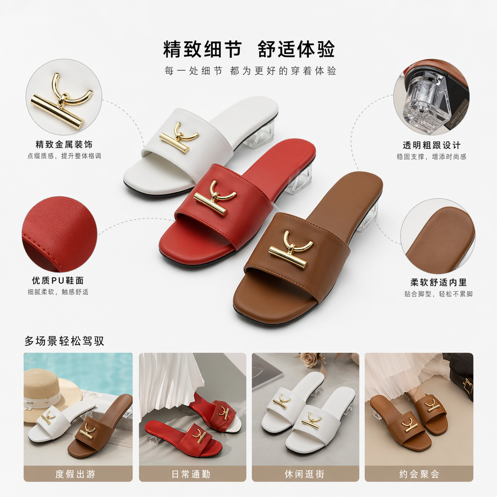 Three pairs of white, red and brown flip-flops with golden metal buckles