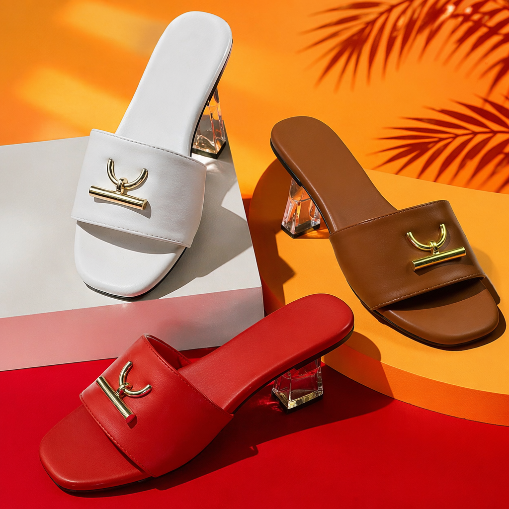 Three pairs of white, red and brown flip-flops with golden metal buckles Specification image