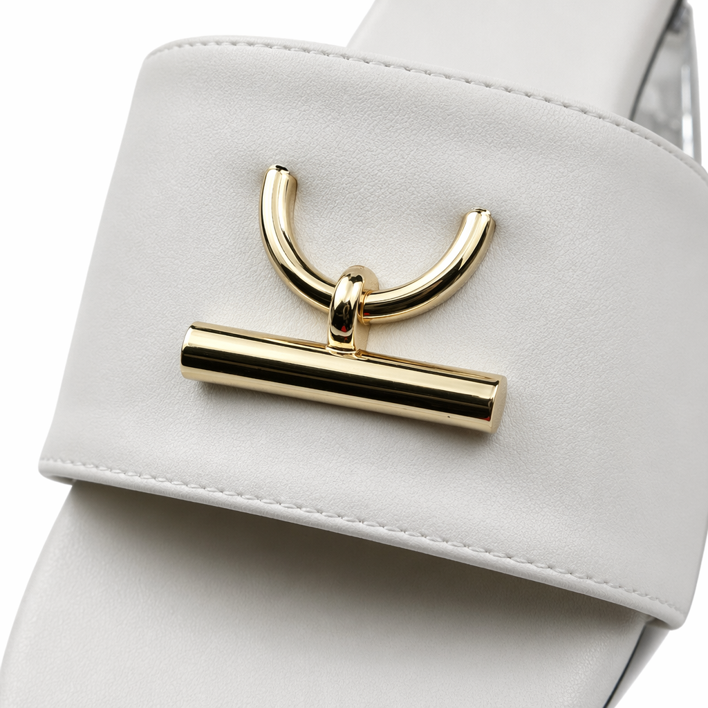 Three pairs of white, red and brown flip-flops with golden metal buckles Application Scenario