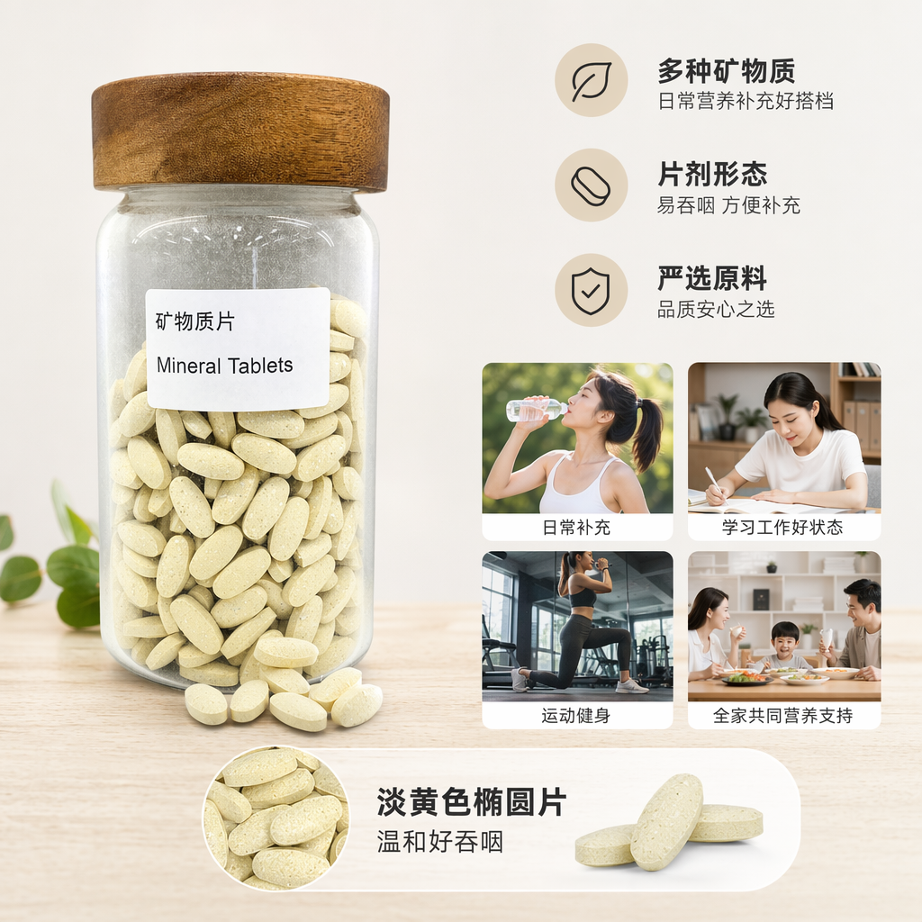 A transparent glass jar with a wooden lid, featuring light yellow oval-shaped mineral tablets
